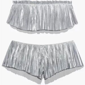 Savage Fenty Night Moves Silver Metallic Pleated Skirt and Shorts Set